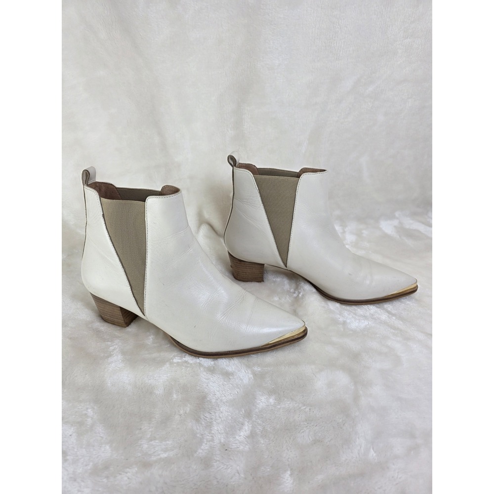 White Leather‎ Pointed Toe Ankle Boots Western Block Heel Bootie Women's Size 39